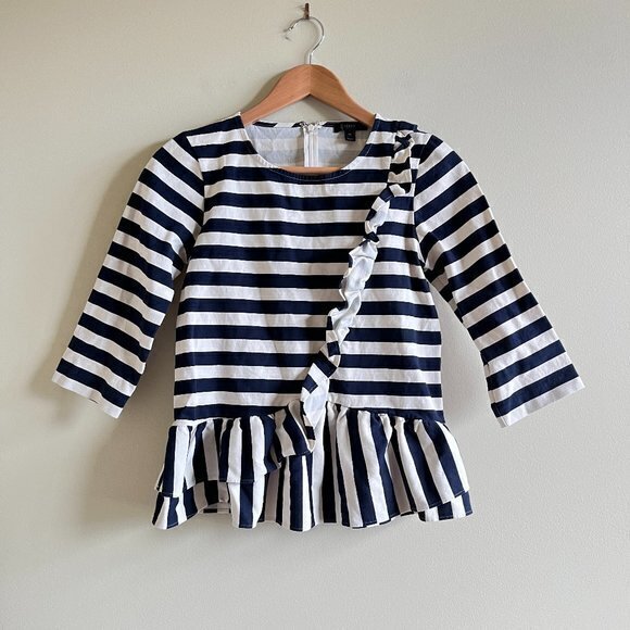 J. Crew F8928 Asymmetrical Navy Ivory Striped Ruffle Peplum Top Women's Size XS - Picture 4 of 8